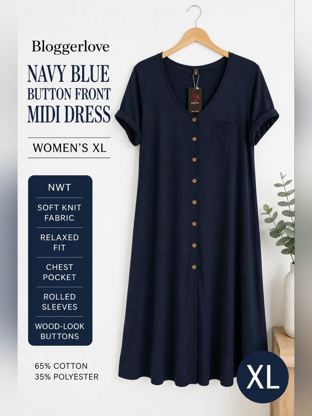 NWT Bloggerlove Navy Blue Button Front Midi T-Shirt Dress Loungewear XL